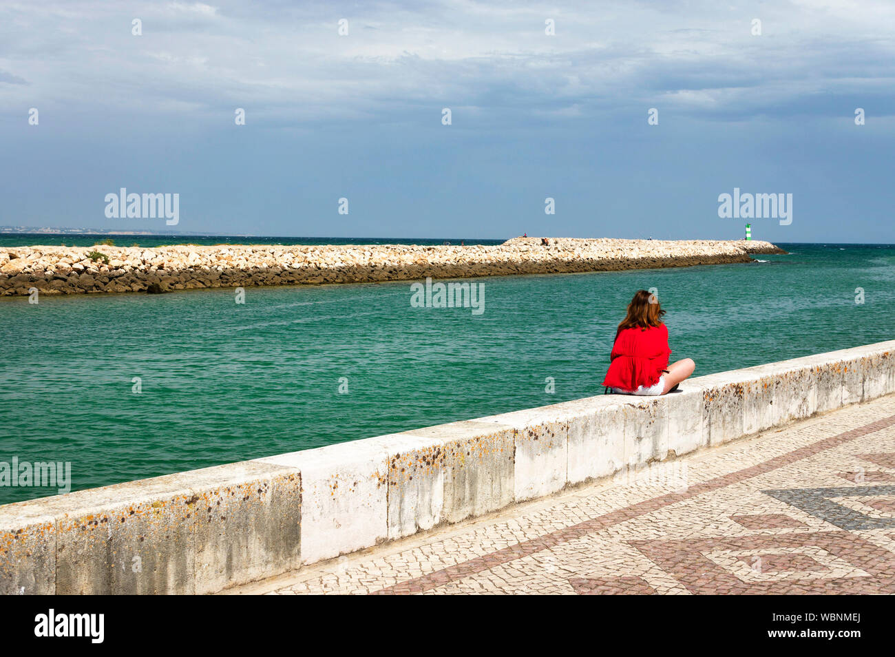 Rear View Of Woman Overlooking Calm Blue Sea Stock Photo