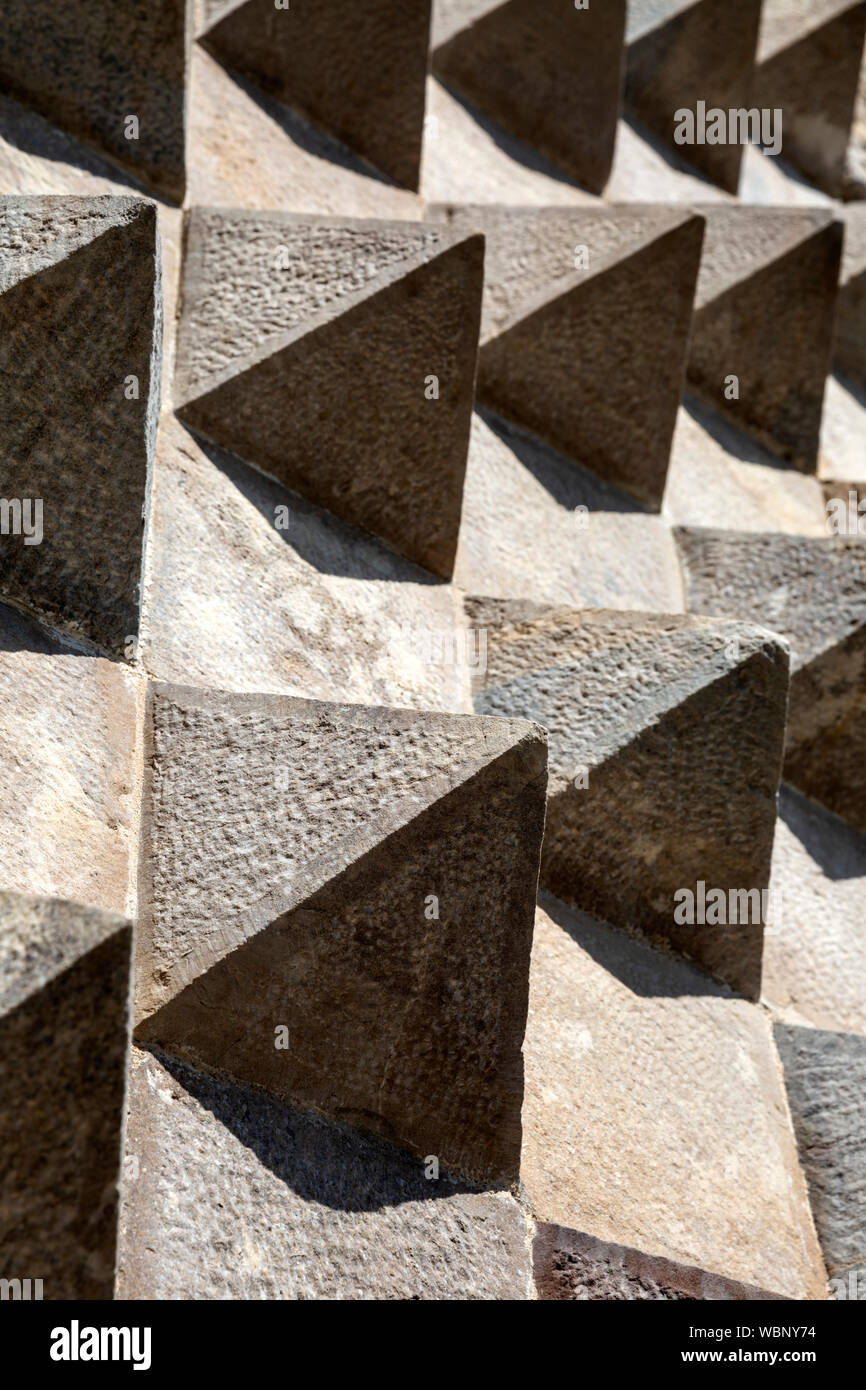 Detail of stone masonry pyramids at the main entrance, Pena Palace, Sintra, Portugal. Stock Photo
