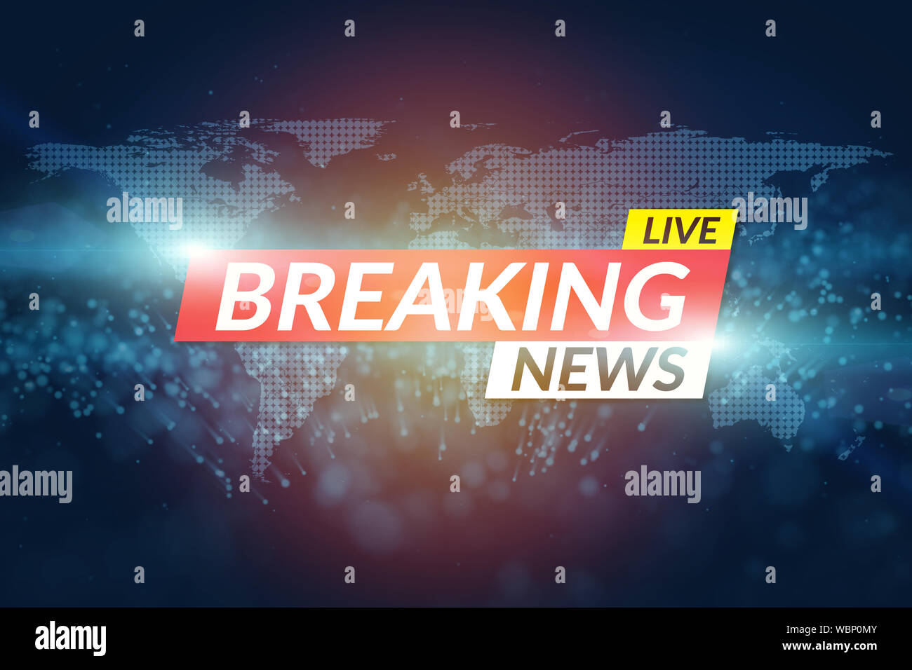 background screen saver on breaking news. Breaking news live template on digital world map background. Stock Photo