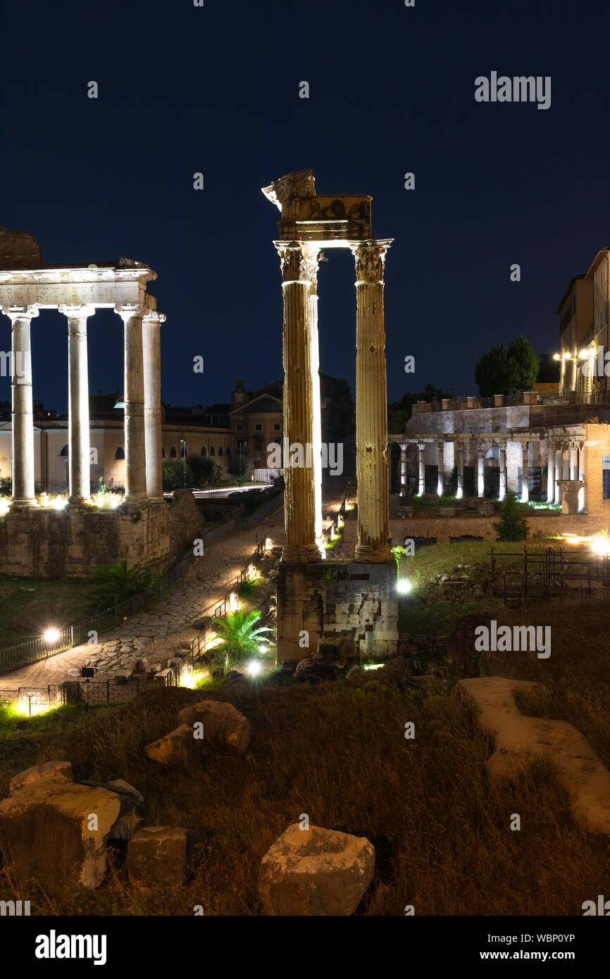 Roman Forum. Image of Roman ancient ruins, Roman Forum in Rome Italy at night Stock Photo