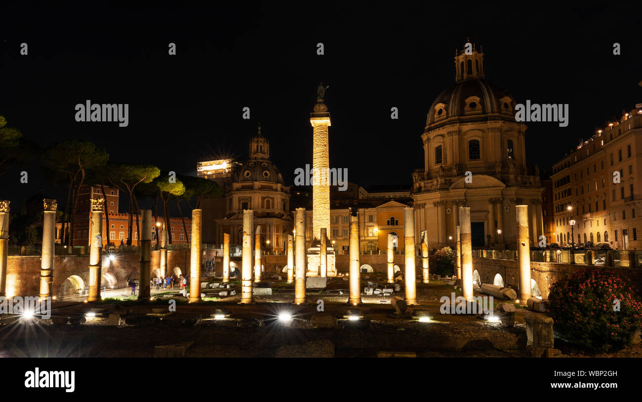 Trajan's Forum at night in Piazza Venezia with Church of the Holy Name of Mary at the Trajan's Forum Rome Italy Stock Photo