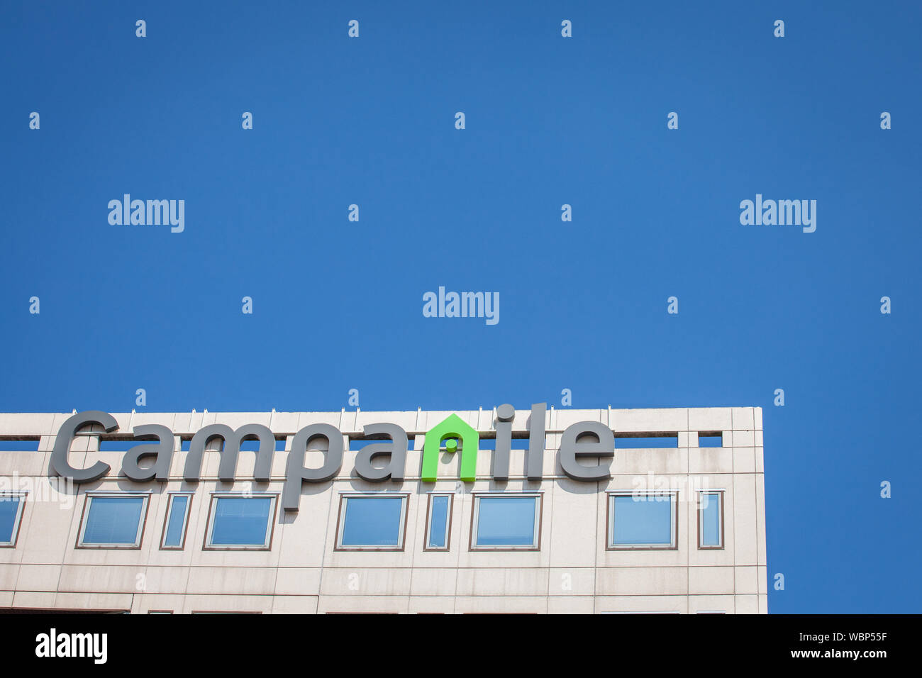 LYON, FRANCE - JULY 17, 2019:  Campanile logo in front of their hotel in Lyon. Campanile is a French chain of Hotels and resorts part of the Groupe du Stock Photo