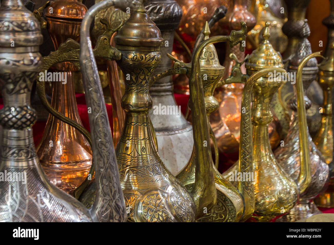 Decorative old style metal pitchers for sale; Istanbul, Turkey Stock
