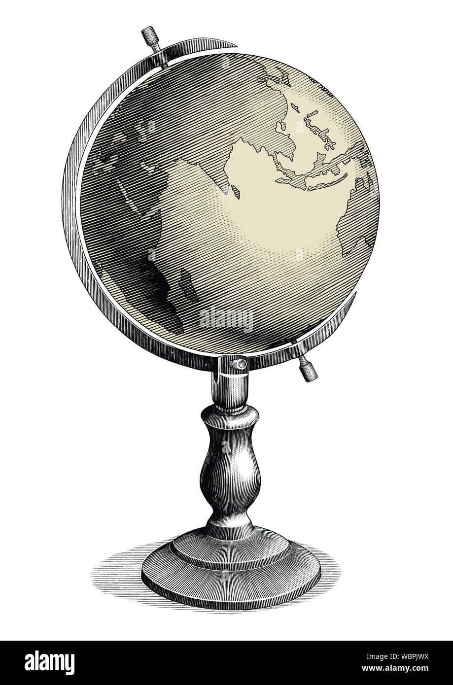 Antique celestial globe hand drawing vintage style black and white clip art isolated on white background,Celestial globe for education Stock Vector