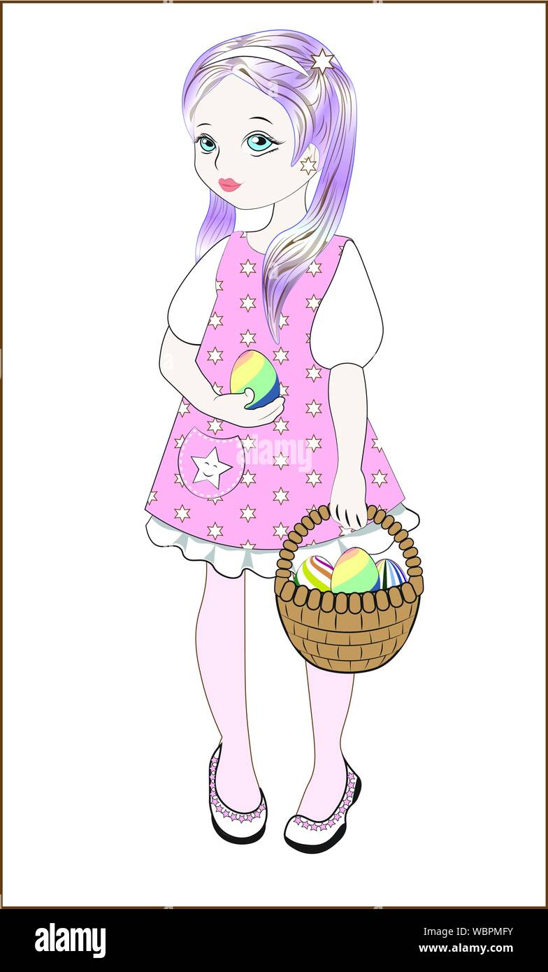 the little girl in a pink dress with the basket with eggs, Easter girl ...