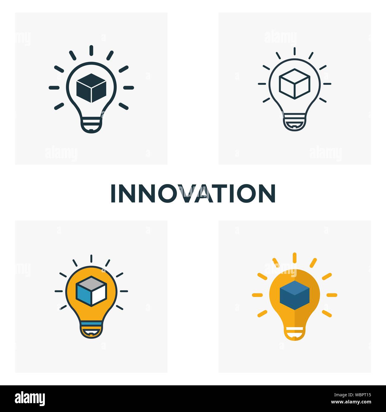 Innovation icon set. Four elements in diferent styles from blockchain icons collection. Creative innovation icons filled, outline, colored and flat Stock Vector