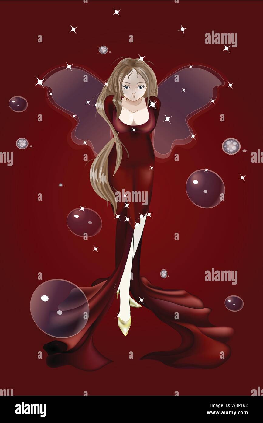 fairy with transparent wings, bubble and star, on red background Stock Vector