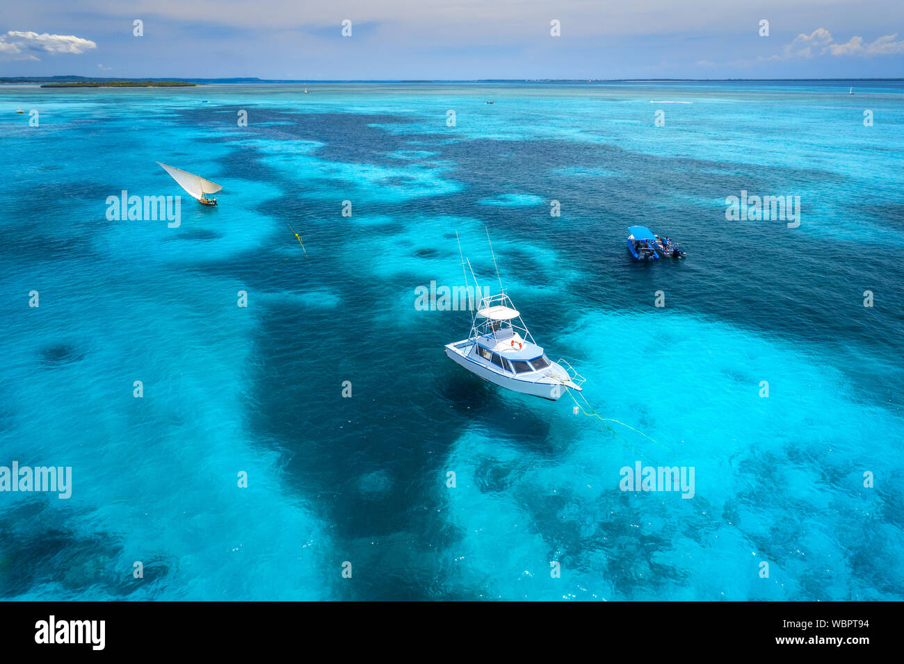 Aerial view of the yachts, fishing boats in clear blue water Stock ...