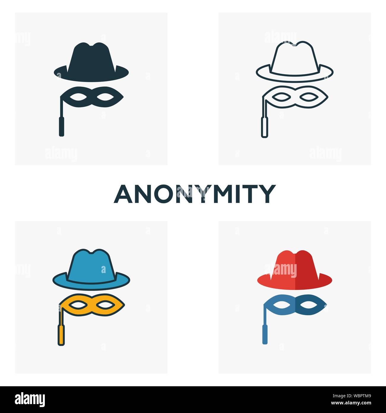 Anonymity icon set. Four elements in diferent styles from blockchain icons collection. Creative anonymity icons filled, outline, colored and flat Stock Vector