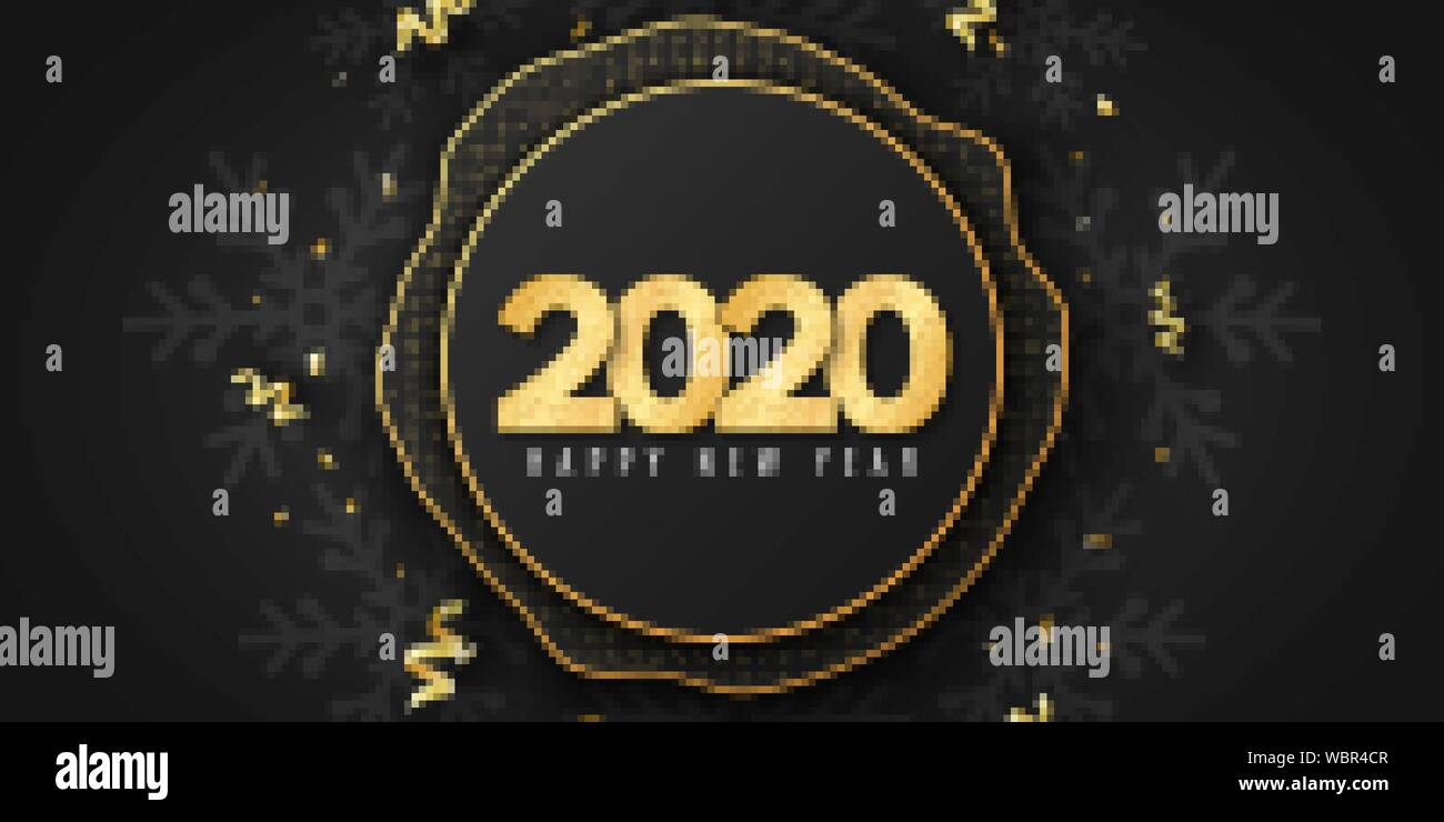 Abstract geometric banner for Happy New Year 2020. Fluid design for your project. Wave shapes with golden glitter. Pattern of snowflakes. Greeting car Stock Vector