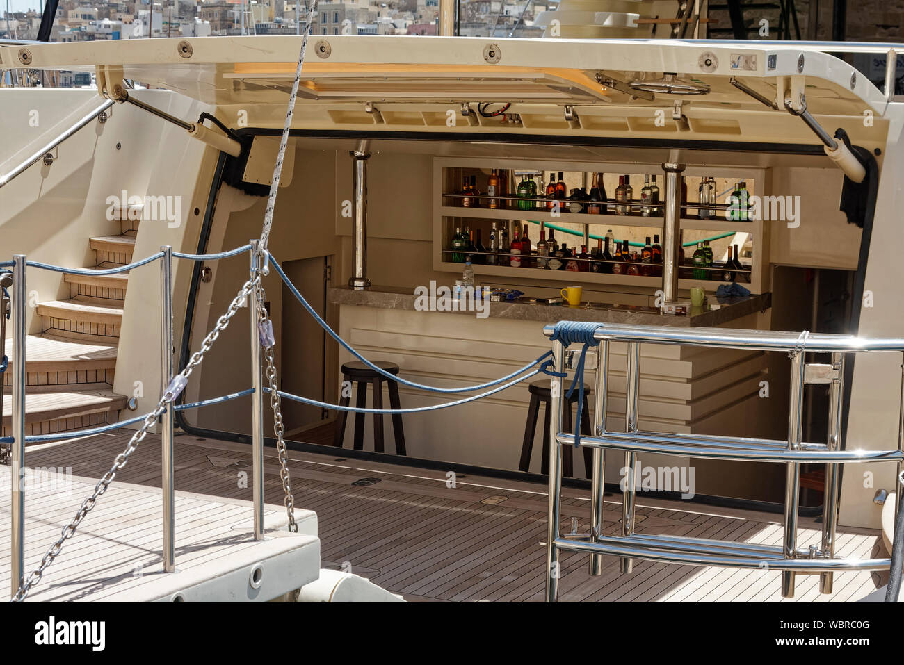 bar, mega yacht, lower deck, docked; marine; luxury; stainless steel