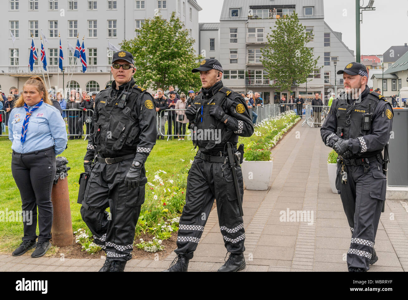 Police downtown on Independence Day, Reykjavik, Iceland Stock Photo