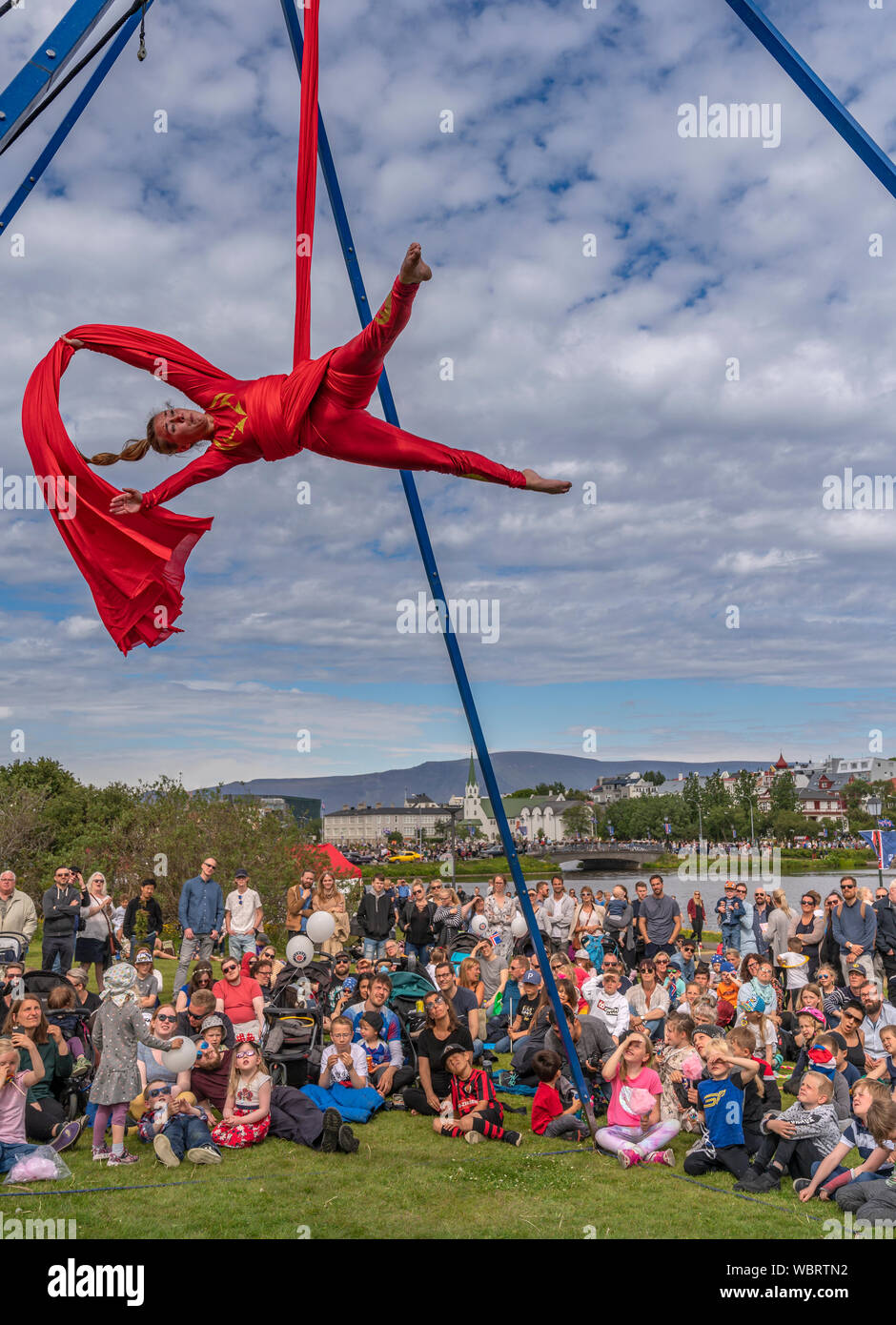 Aerial silk dance, Iceland's Independence Day, Reykjavik, Iceland Stock Photo