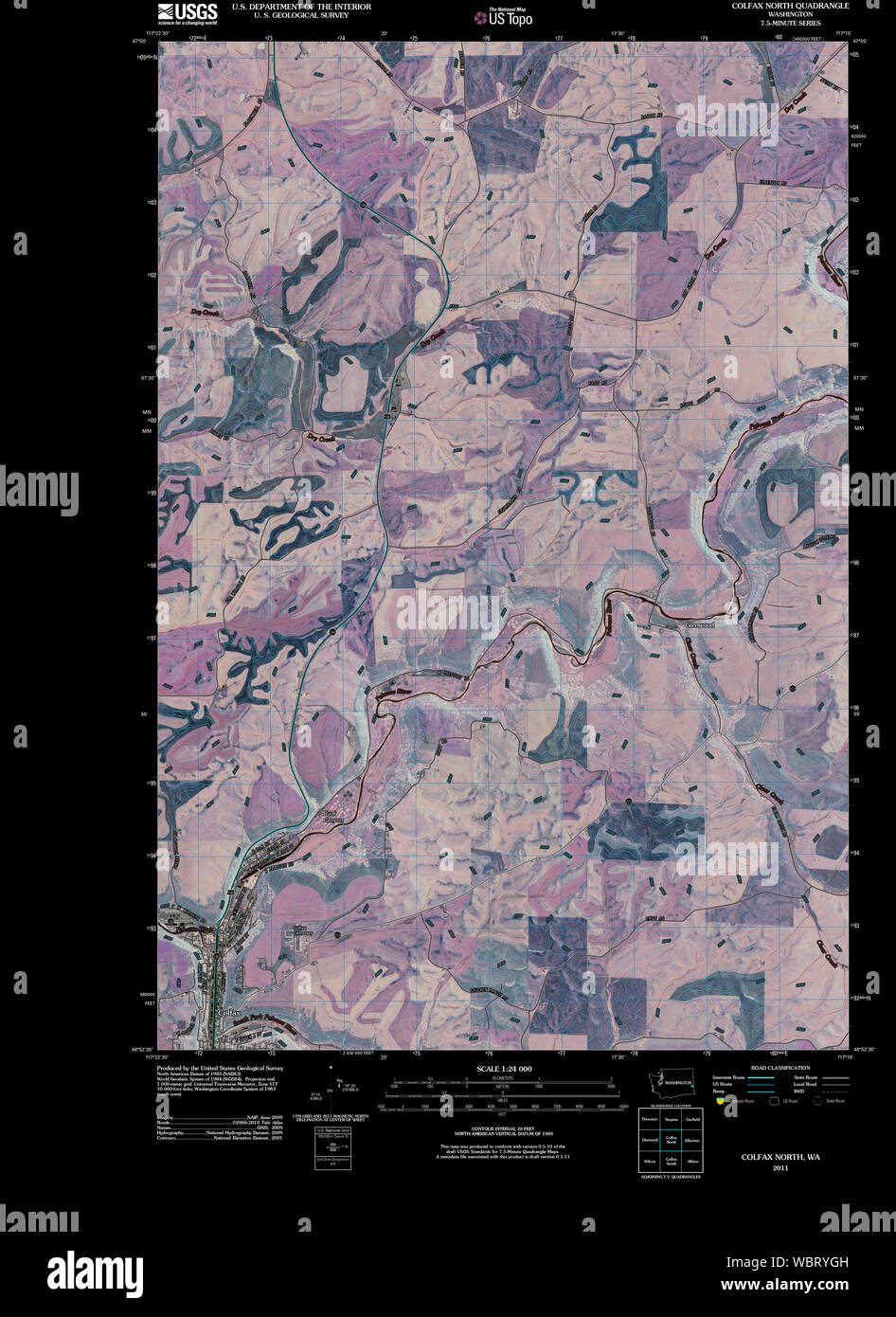 USGS Topo Map Washington State WA Colfax North 20110406 TM Inverted Restoration Stock Photo