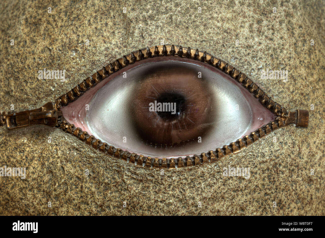 Surreal sculpture of an eye set in stone with a zipper around it Stock