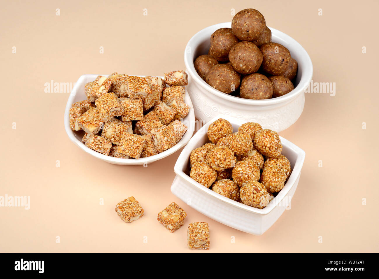 Tilgul, a nutritious sweet food made of sesame and jaggery for kite festival, India Stock Photo