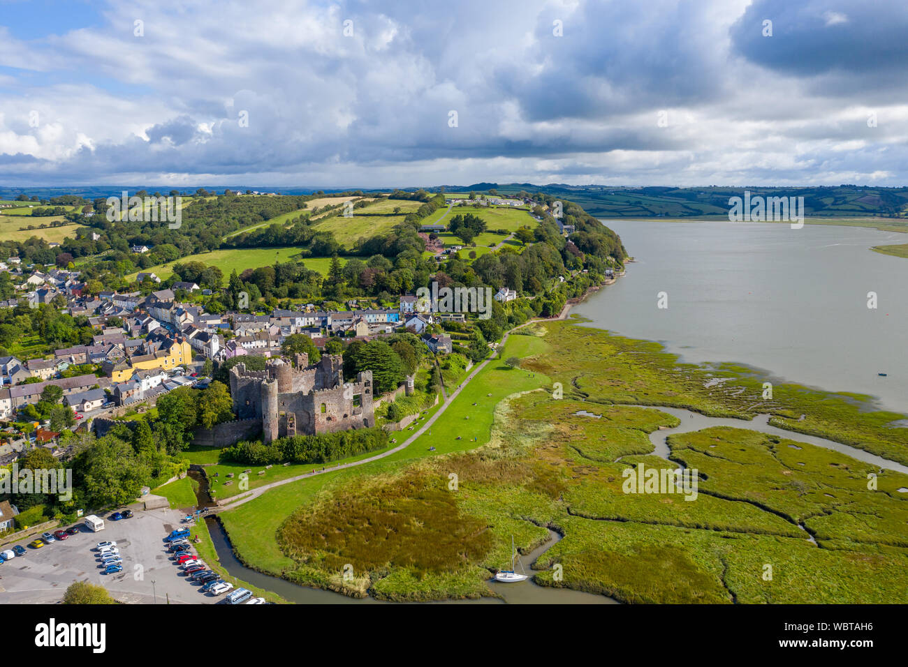 Aerial view of Laugharne in Wales, the location of the writer Dylan Thomas Boathouse Stock Photo