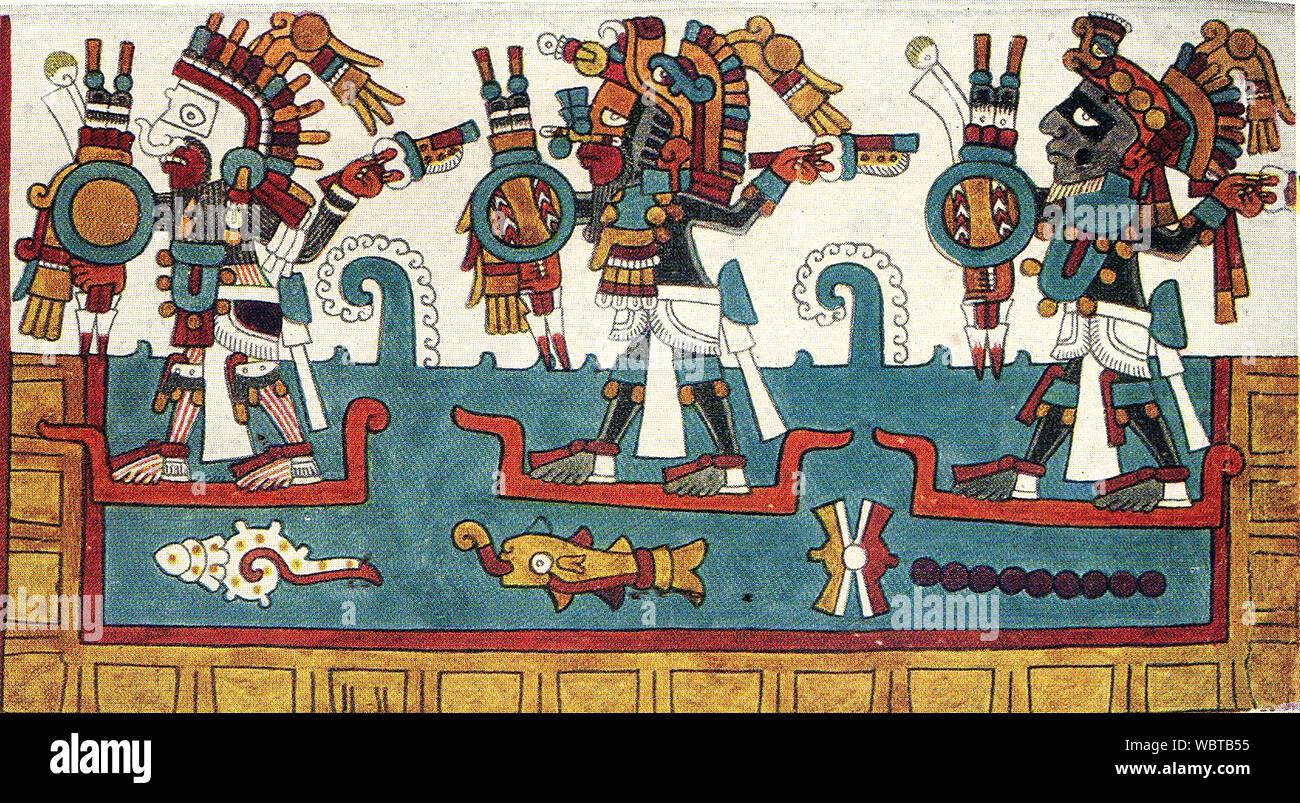 A 1940's illustration from the Xouche (Nuttall) Codex (also known as the Codex Zouche-Nuttall or Codex Tonindeye; a pre-Columbian document of Mixtec pictography. This section shows three people travelling by individual boats Stock Photo