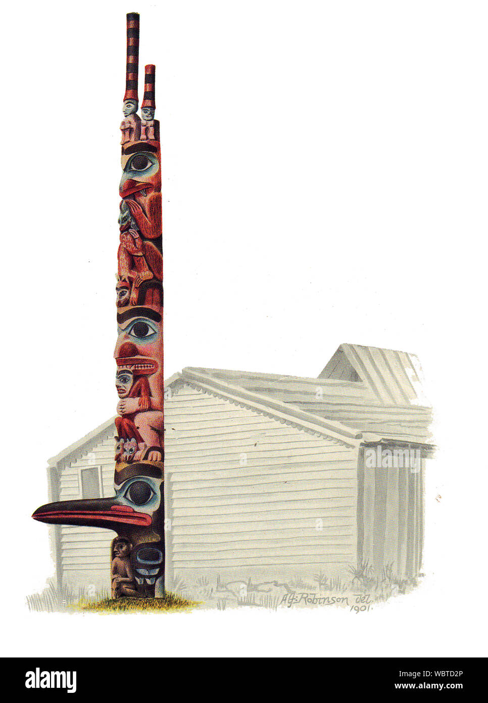 Canadian Indian 40 ft totem pole  that once stood outside a Chief's hut at what was then Queen Charlotte Islands ( now Haida Gwaii, X̱aaydag̱a Gwaay.yaay or X̱aayda gwaay ) Stock Photo