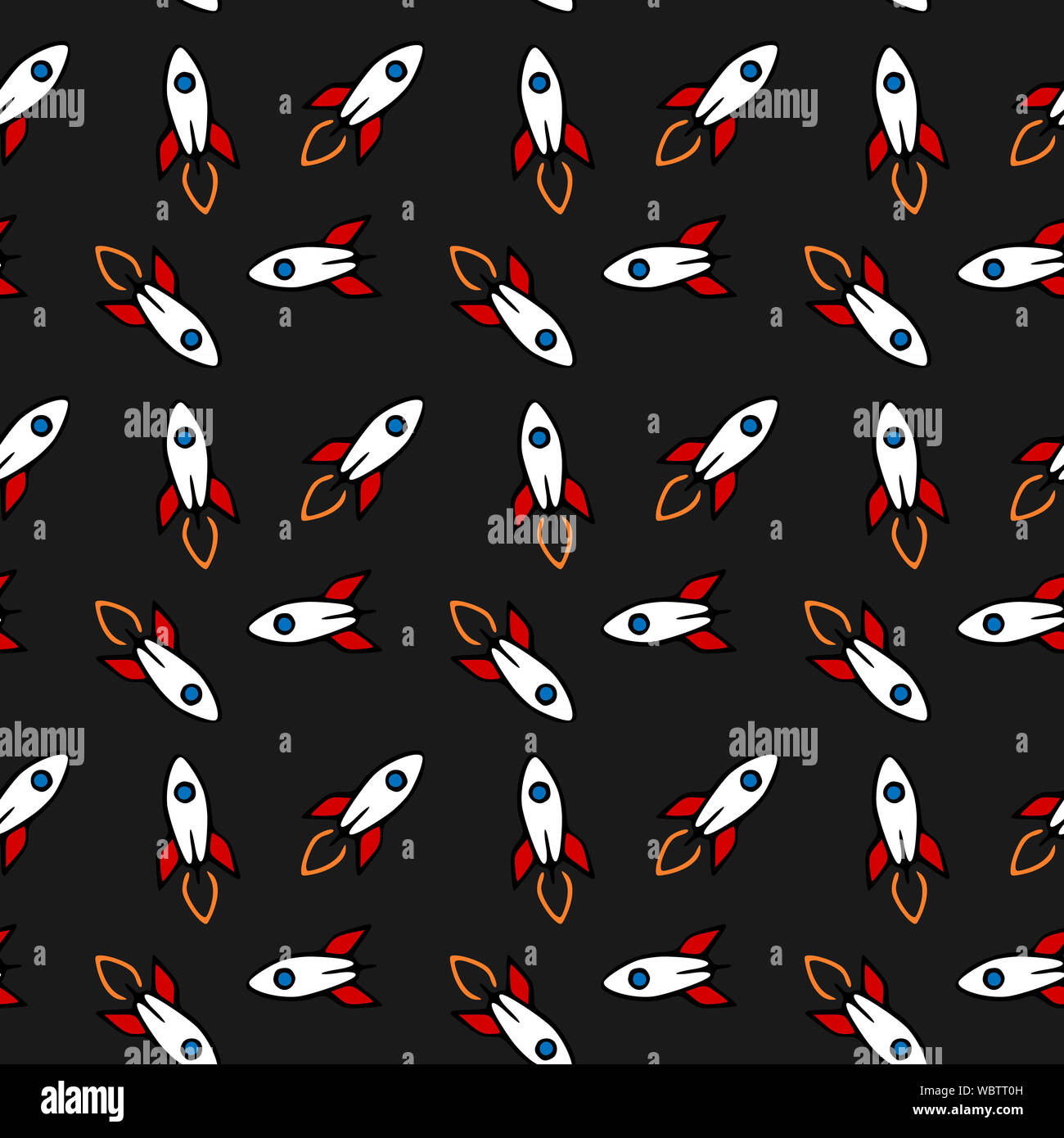 Rocket icon seamless pattern on black background. Spaceship vector illustration Stock Photo