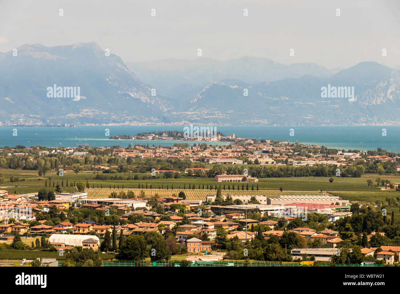Desenzano del Garda, Italy. Views of Sirmione and Lake Garda from the top of the monumental memorial tower in San Martino della Battaglia Stock Photo