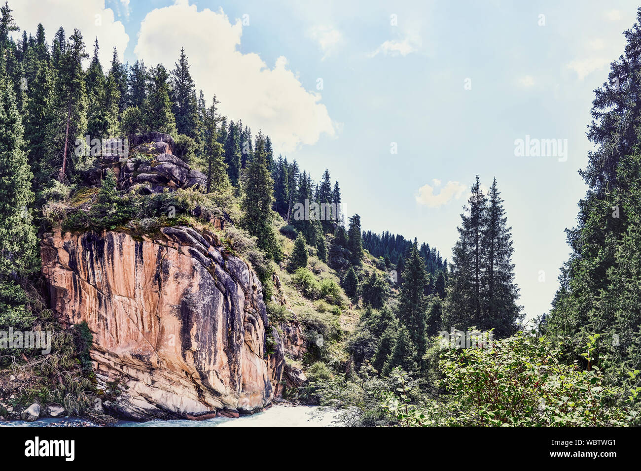 Mountain valley in the summer. A fabulous view of the mountain peaks, amazing nature. Mountain forest road. Green mountains with tall fir trees. The r Stock Photo