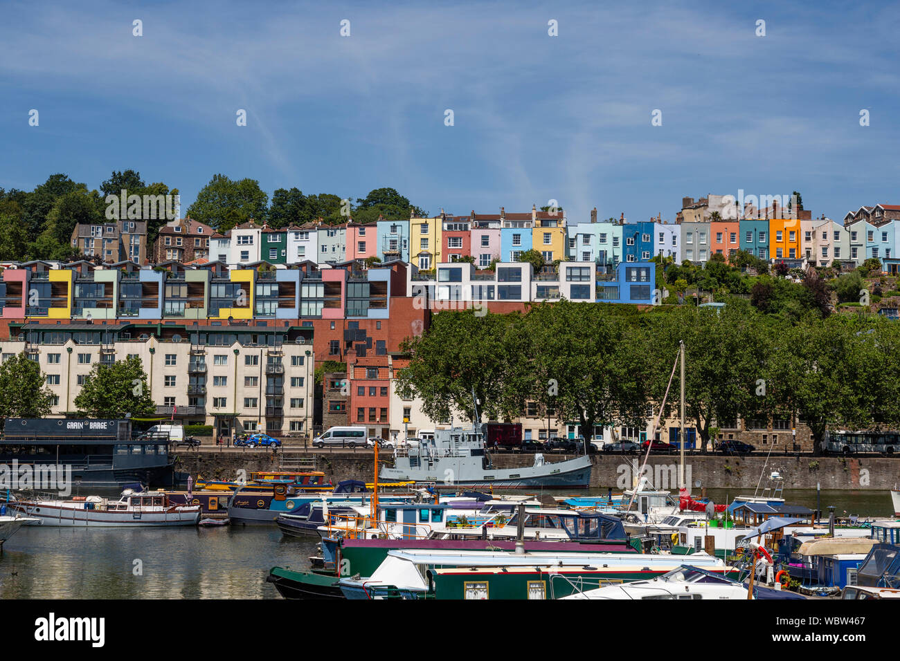 Bristol Marina, Bristol, with colourful terraced houses behind Stock