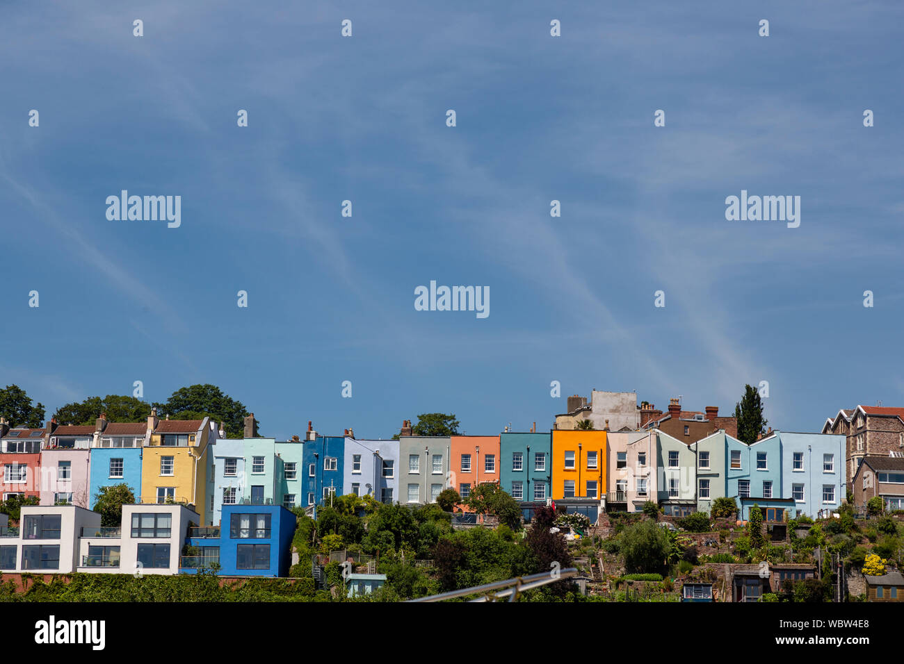 Bristol Marina, Bristol, with colourful terraced houses behind. Stock Photo