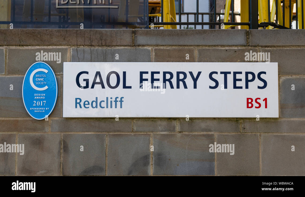 Goal Ferry Steps, sign and blue plaque, Bristol BS1, UK Stock Photo