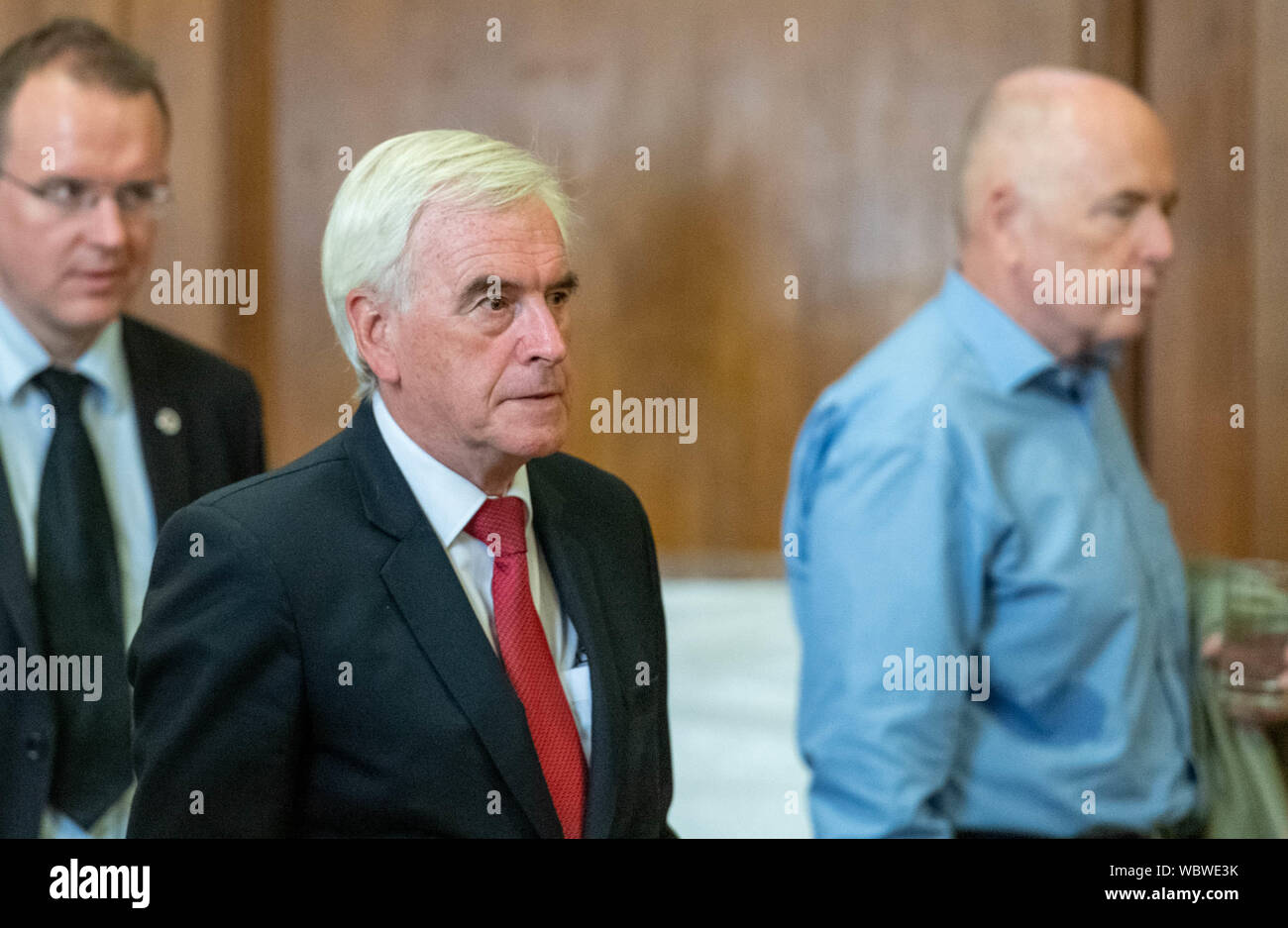 London, UK. 27 August 2019.  Church House declaration meeting of UK opposition leaders and MP's signing a declaration against the shutting down of parliament by Boris Johnson MP PC Prime Minister. John McDonnell, Labour Shadow Chancellor, arrives at the meeting (centre) Credit Ian DavidsonAlamy Live News Stock Photo