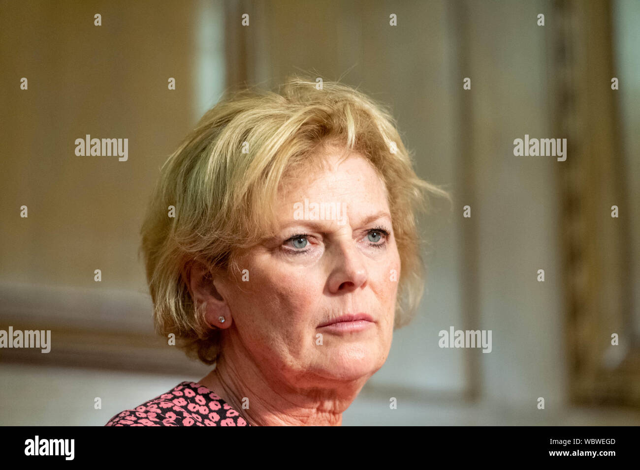 London, UK. 27 August 2019.  Church House declaration meeting of UK opposition leaders and MP's signing a declaration against the shutting down of parliament by Boris Johnson MP PC Prime Minister. Anna Soubry MP leader of Change UK, who arrived late due to illness Credit Ian DavidsonAlamy Live News Stock Photo