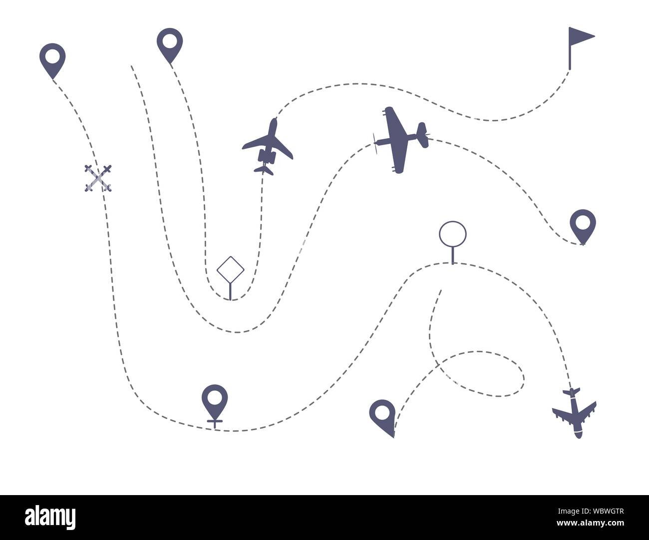 Airplane Line Path Vector Icons Of Air Plane Flight Route With Start