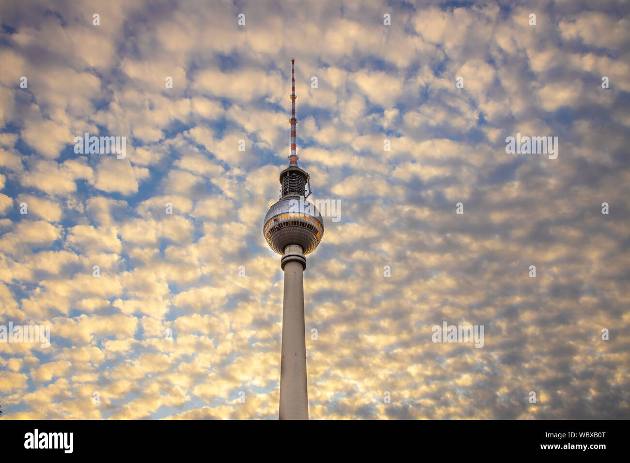 Alexanderplatz, television tower, sky with many fleecy clouds, Berlin, Stock Photo