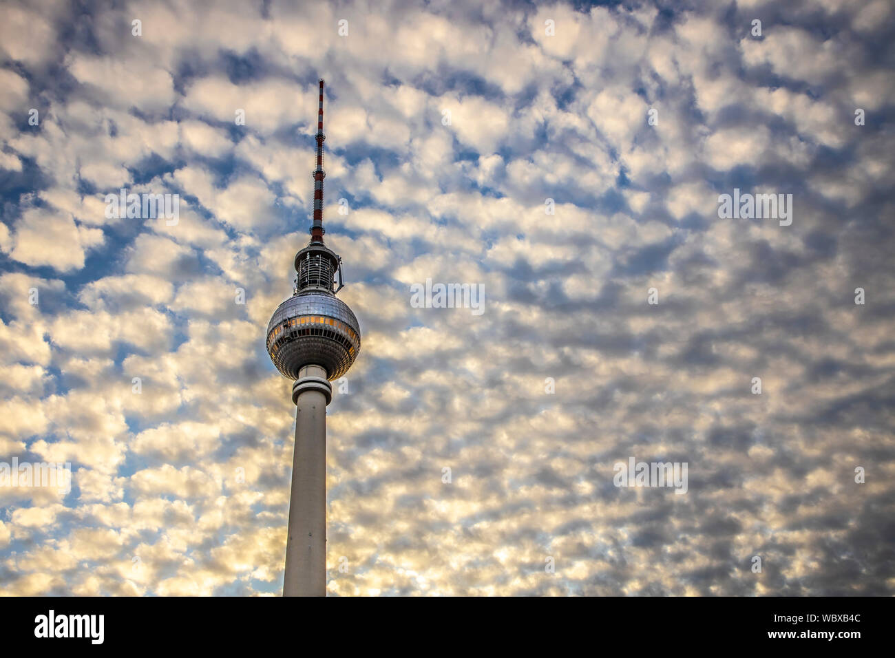 Alexanderplatz, television tower, sky with many fleecy clouds, Berlin, Stock Photo