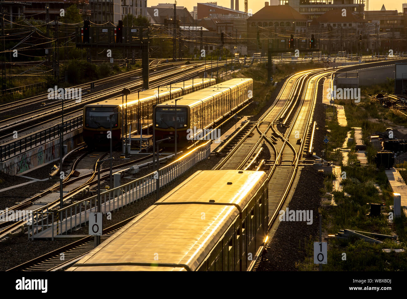 Railway tracks at Warschauer Strasse station in the evening light, S-Bahn, local trains, Berlin Stock Photo