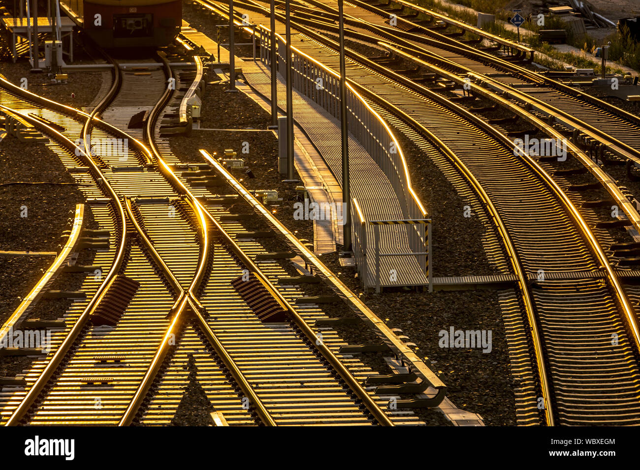 Railway tracks at Warschauer Strasse station in the evening light, S-Bahn, local trains, Berlin Stock Photo