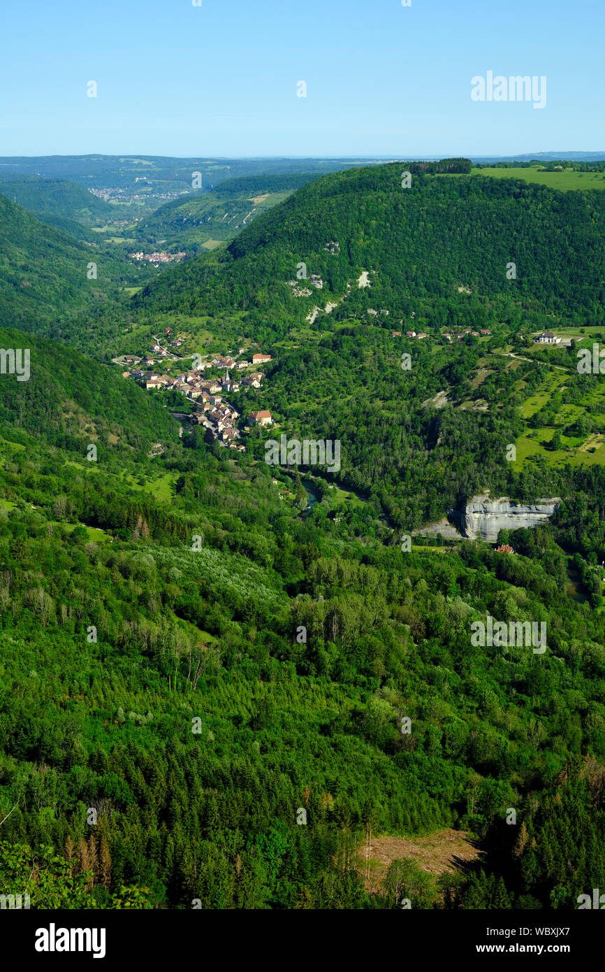 The upper Loue Valley limestone landscape and Lods village viewed from the Belvédère de Renédale in Renedale Doubs France Stock Photo