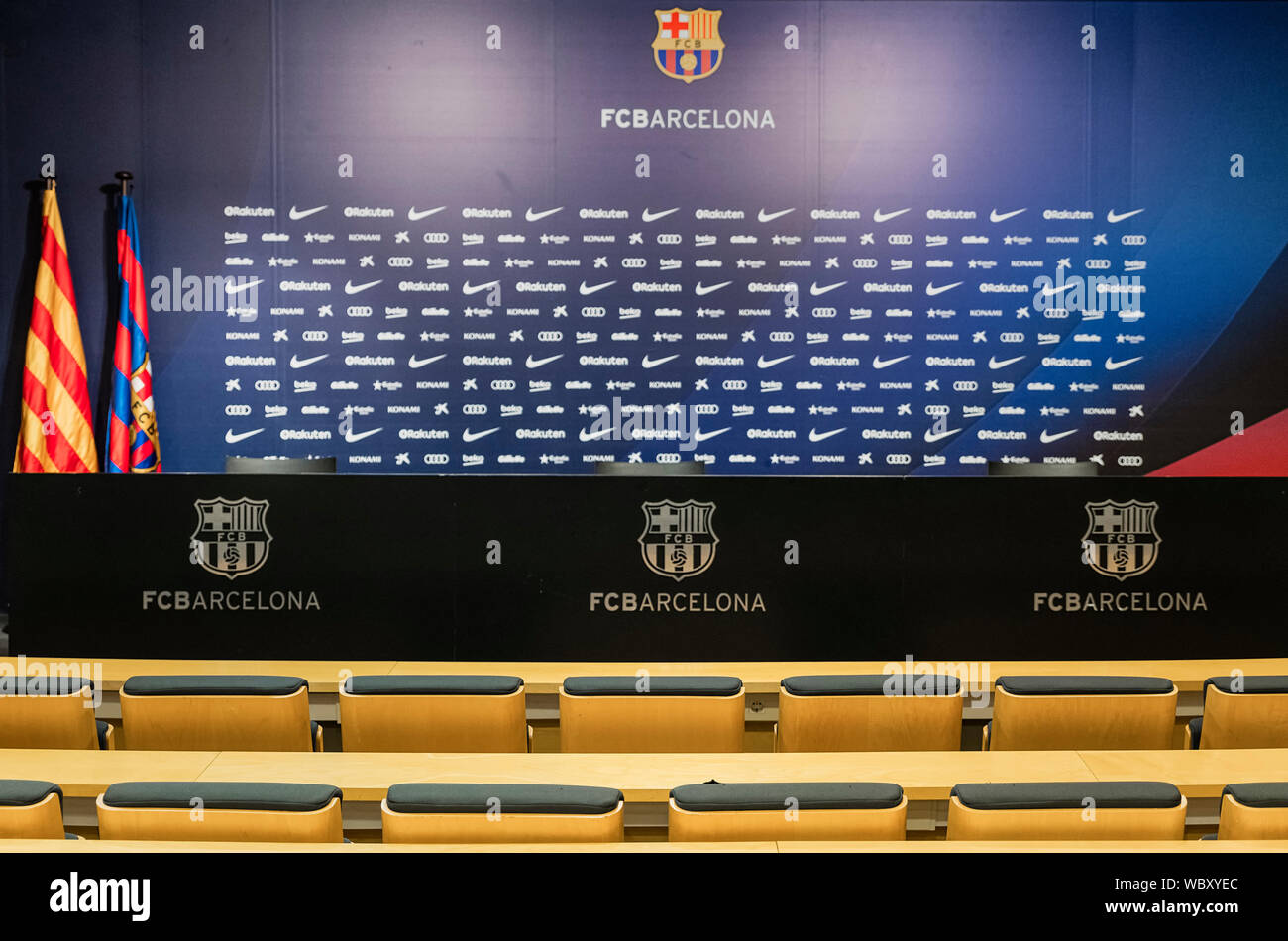 FC Barcelona media room in the Camp Nou stadium interior, Barcelona, Spain. Stock Photo