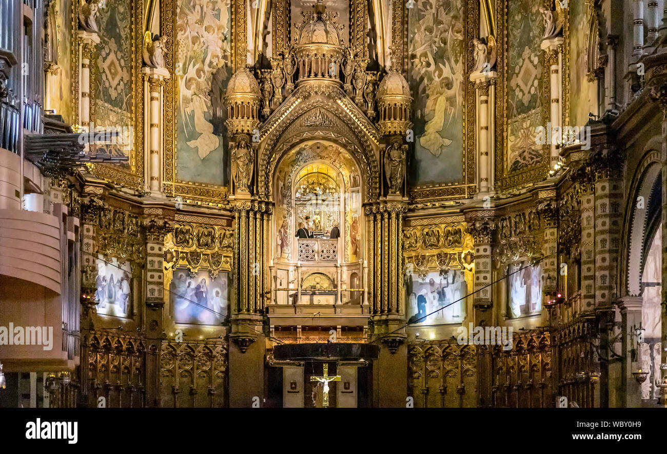 Interior alter and icon of Santa Maria de Montserrat, Monistrol de Montserrat, Catalonia, Spain. Stock Photo