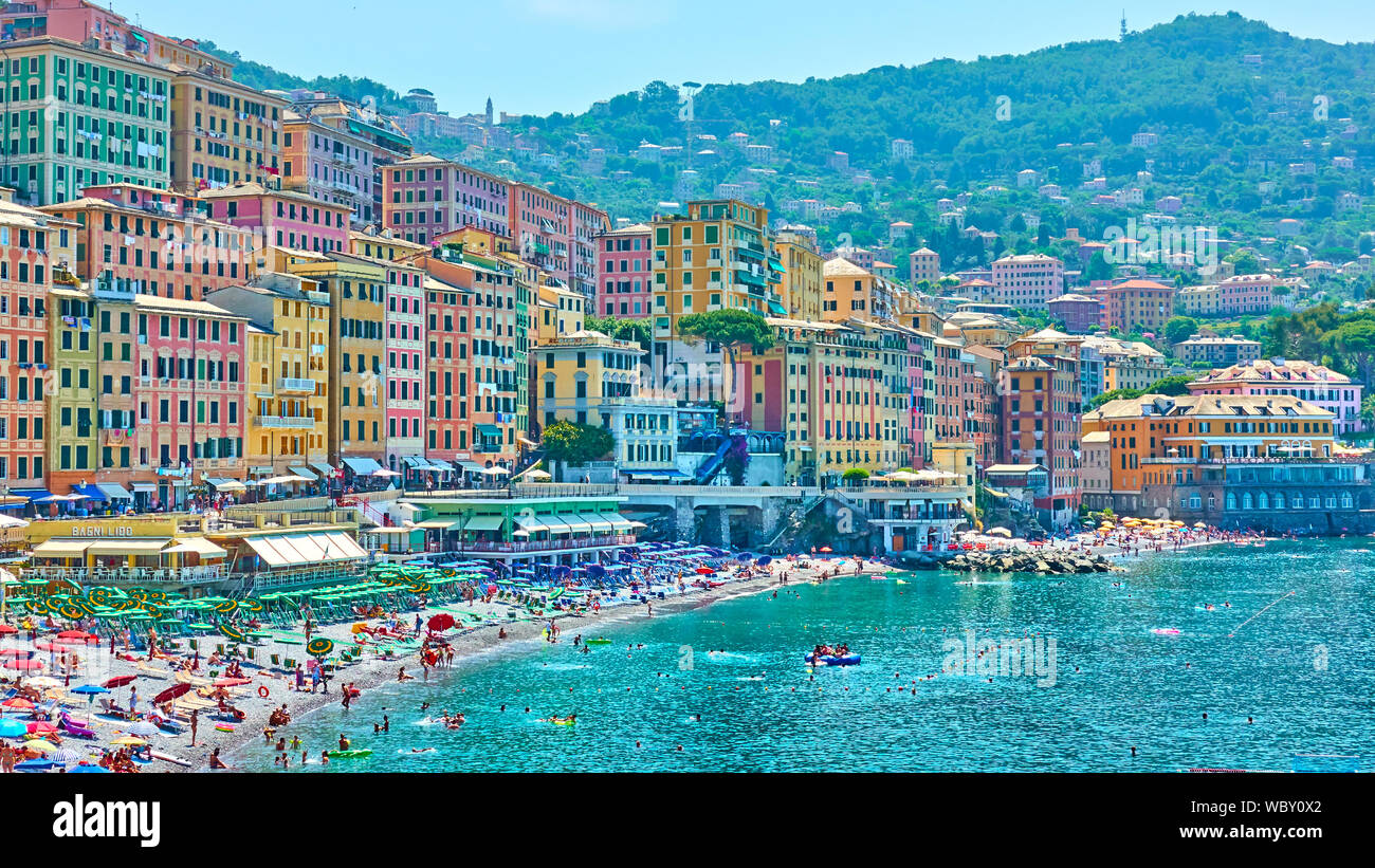 Camogli Genoa Italy July 3 2019 Beach With Resting People And Waterfront Colorful Buildings In Camogli On Sunny Summer Day Liguria Stock Photo Alamy