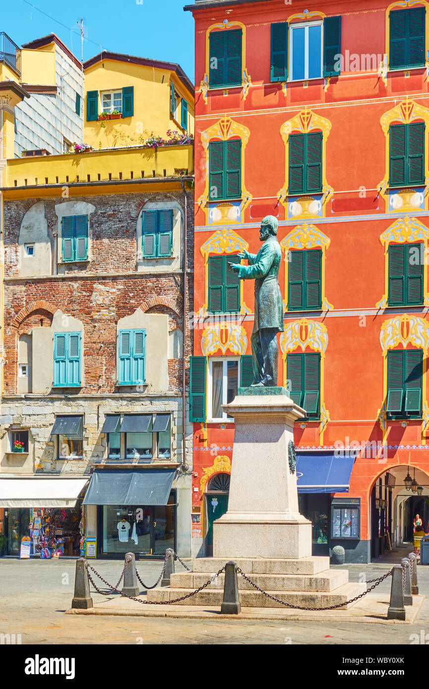 Chiavari,  Italy - July 3, 2019: Old square with monument to Giuseppe Mazzini  in Chiavari town near Genoa, Liguria Stock Photo