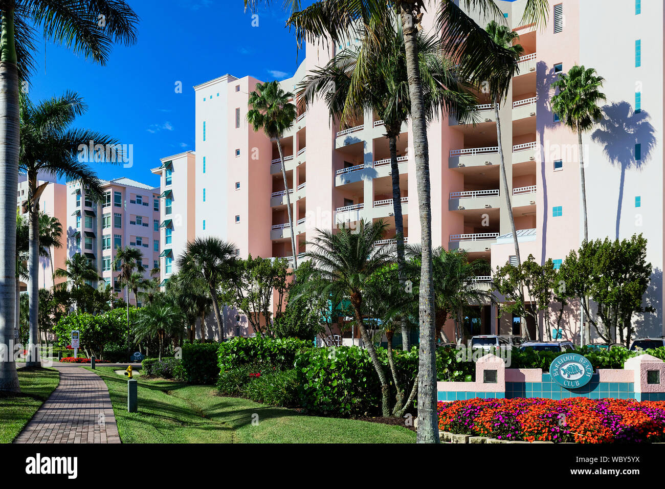 Barefoot Beach Club Resort condominium building on Barefoot Beach Road, Bonita Springs, Florida, USA. Stock Photo