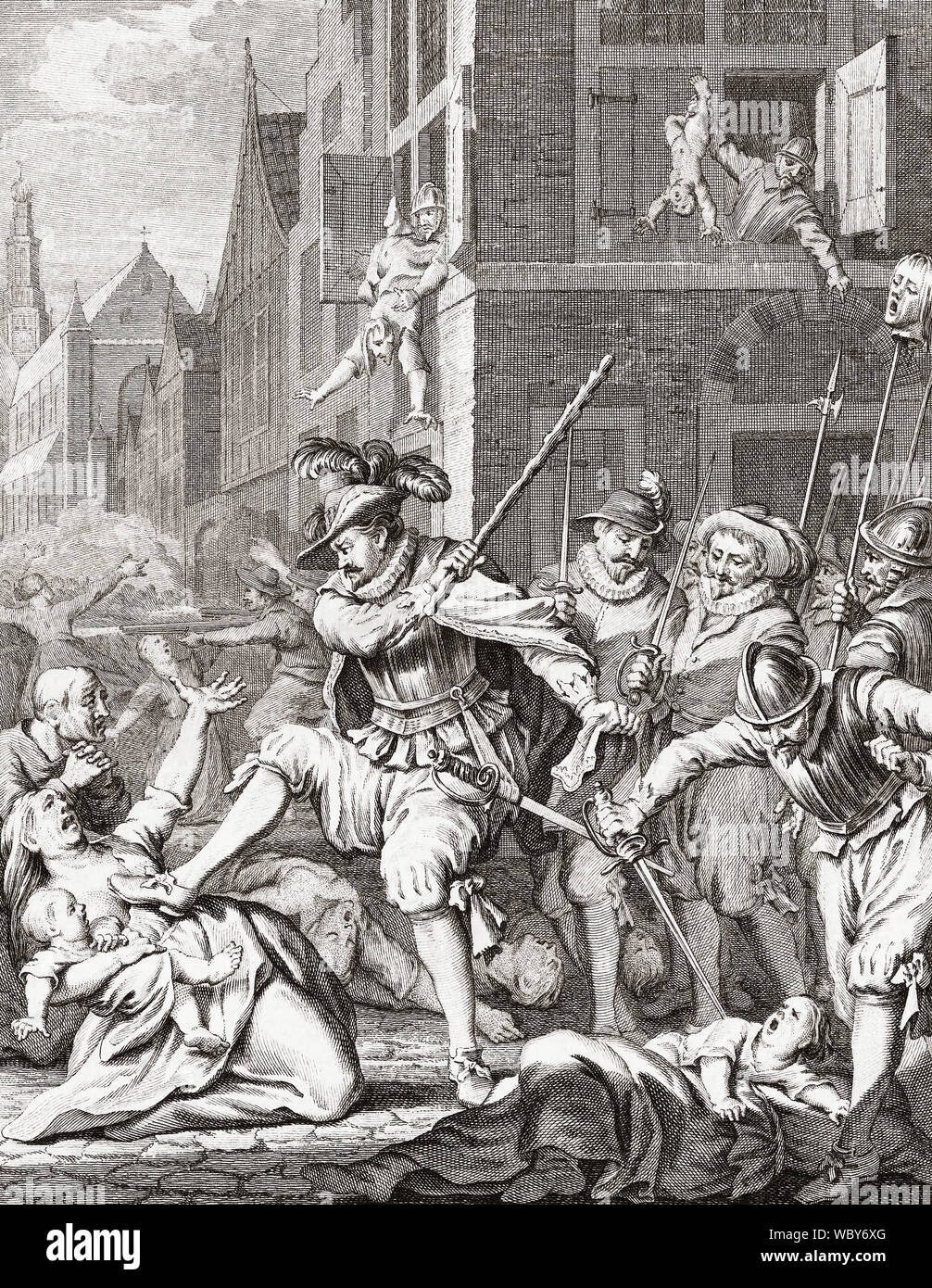 Propaganda picture depicting brutality of the Spanish army in 1573 after the surrender of Haarlem, Netherlands, during the Eighty Years War.  The picture shows Spanish commander Fadrique Alvarez de Toledo clubbing a woman and her child to death.  In truth Haarlem’s civilians were spared, having agreed to pay the Spaniards for their lives, but most of the defending military garrison were executed.  After an 18th century engraving. Stock Photo