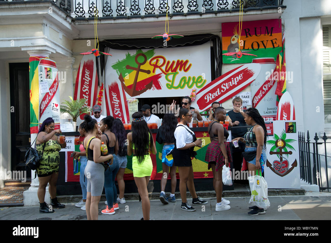 Notting Hill Carnival, August 26th 2019. Pop up stall selling rum and Red Stripe beer.. Stock Photo