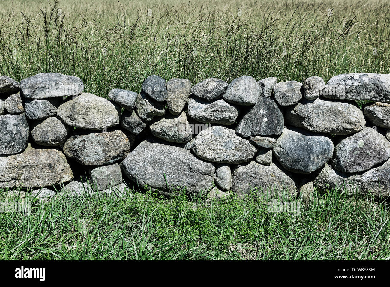 Rustic stone wall detail, Dennis, Massachusetts, USA. Stock Photo
