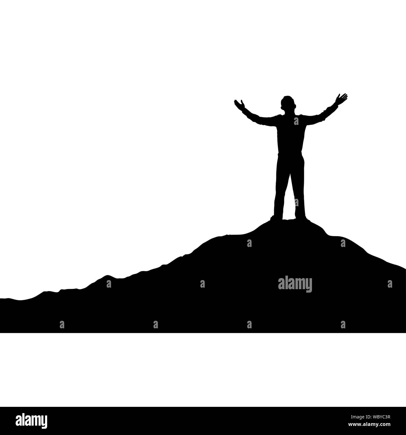 Man standing on top of mountain with his hands up, simple flat design ...