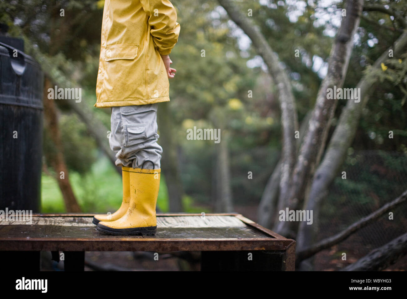 Boy wearing yellow raincoat and galoshes Stock Photo Alamy
