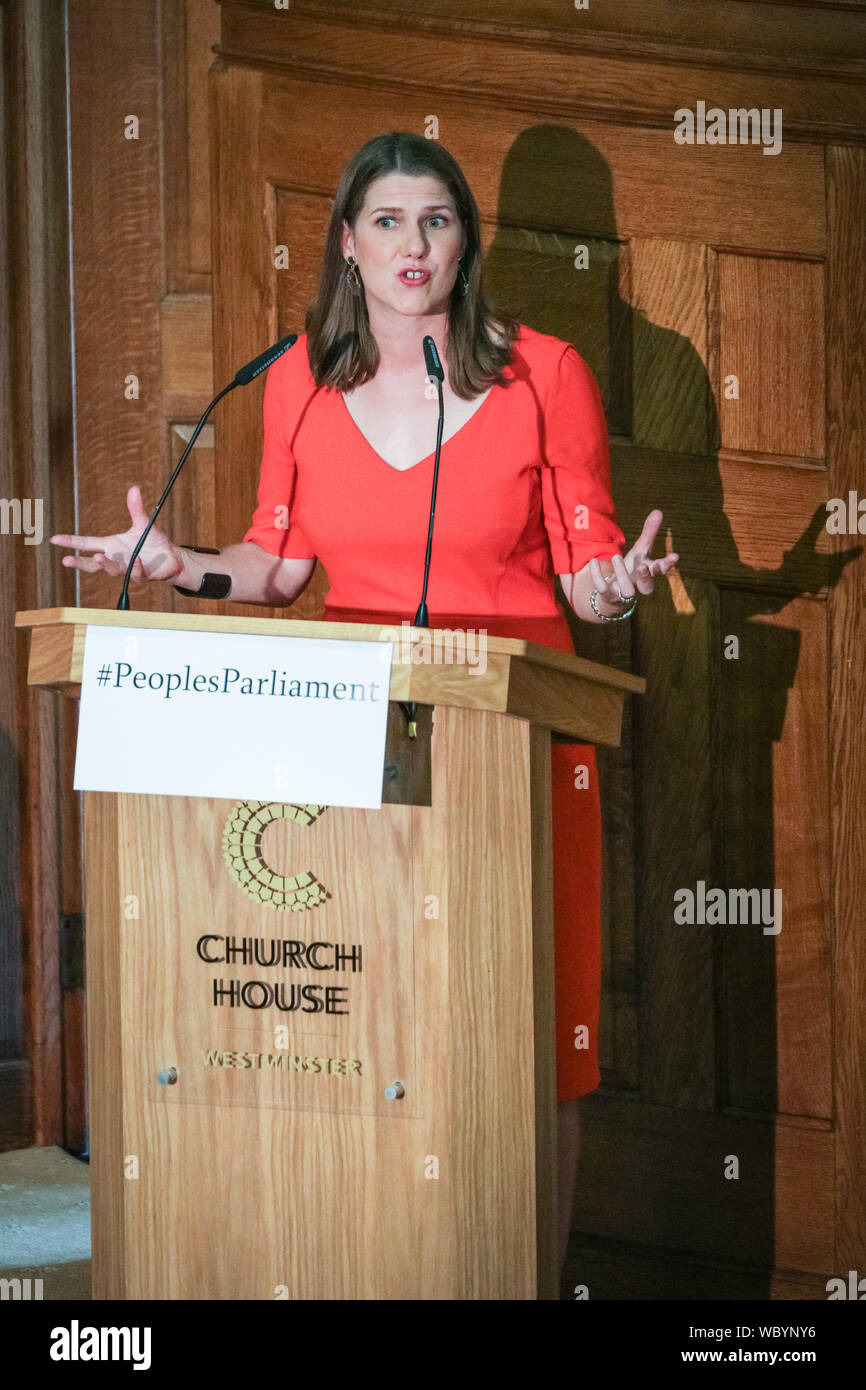 London, UK. 27th Aug, 2019. Lib Dem leader Jo Swinson speaks. Cross-party MPs and opposition party leaders assemble in the historic location of Church House in London to sign their 'Church House Declaration', with the intend to stop Parliament from being shut down by the government. Attendees include Lib Dem leader Jo Swinson, Labour Shadow Cabinet members John McDonnell and Sir Kier Starmer, the Green Party's Caroline Lucas, SNP's Ian Blackford and many others. Up to around 160 MPs are thought to have signed the declaration in total. Credit: Imageplotter/Alamy Live News Stock Photo