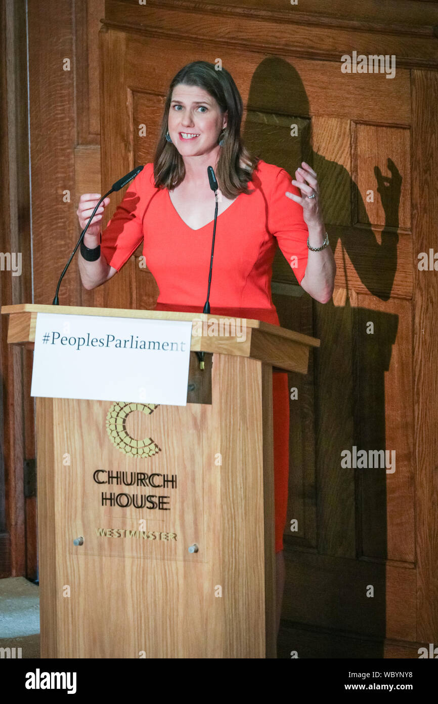 London, UK. 27th Aug, 2019. Lib Dem leader Jo Swinson speaks. Cross-party MPs and opposition party leaders assemble in the historic location of Church House in London to sign their 'Church House Declaration', with the intend to stop Parliament from being shut down by the government. Attendees include Lib Dem leader Jo Swinson, Labour Shadow Cabinet members John McDonnell and Sir Kier Starmer, the Green Party's Caroline Lucas, SNP's Ian Blackford and many others. Up to around 160 MPs are thought to have signed the declaration in total. Credit: Imageplotter/Alamy Live News Stock Photo
