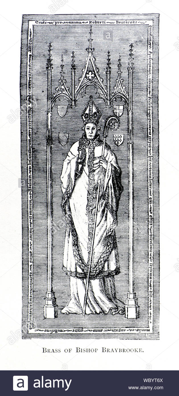 Brass of Bishop Braybrooke, medieval Bishop of London, from Original Old St Pauls, etching by Bohemian etcher Wenceslaus Hollar from 1600s Stock Photo